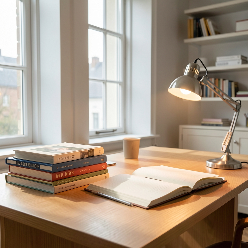 Bright editorial workspace with stacked journals, a desk lamp casting warm light over an open notebook, morning light from a tall window