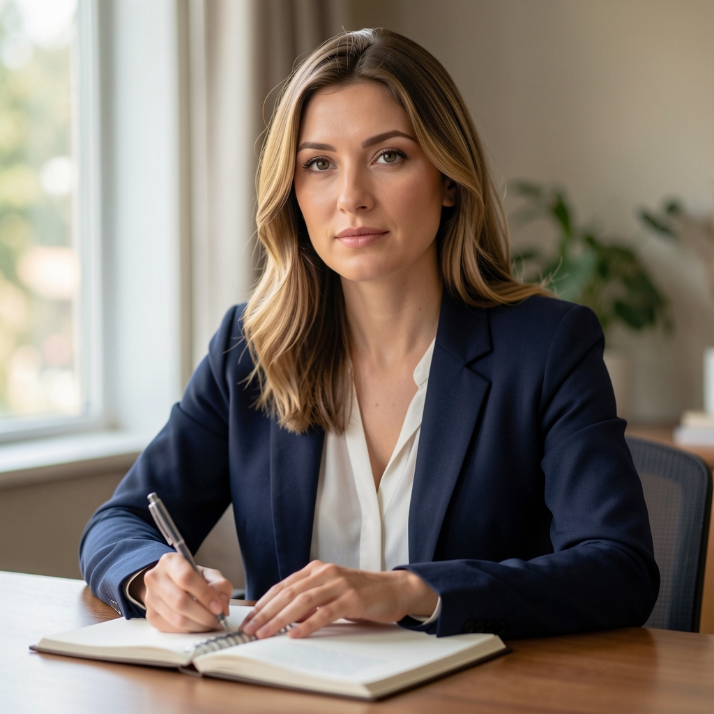 Professional portrait of a woman at a desk in a softly lit room, notebook open, posture attentive and composed
