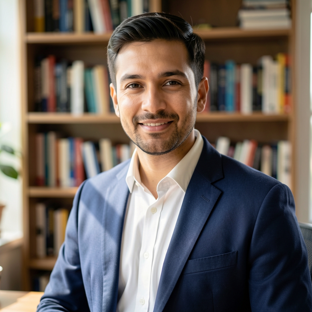 Professional portrait of a man at a standing desk, natural sidelight, bookshelf visible in the background, relaxed expression