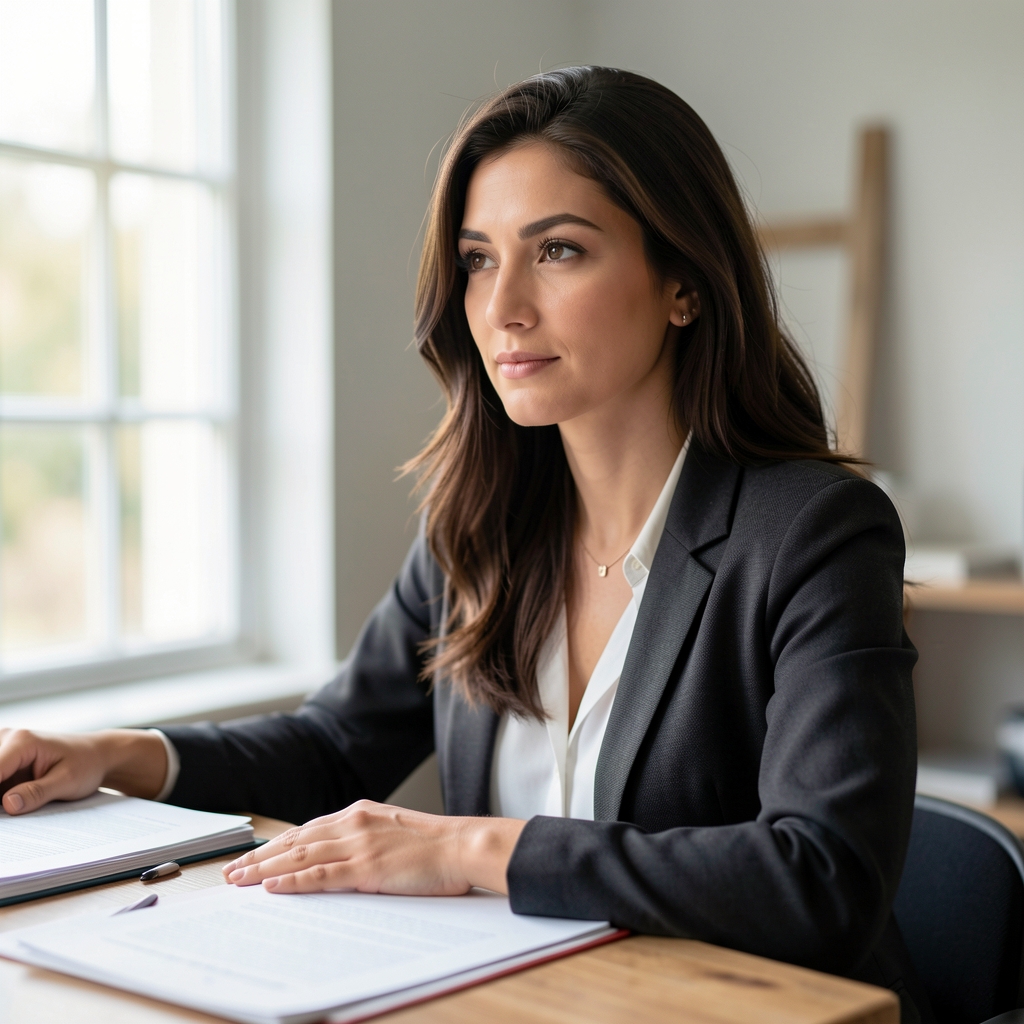 Professional portrait of a woman in a bright room, natural window light, papers spread on a table, focused and thoughtful