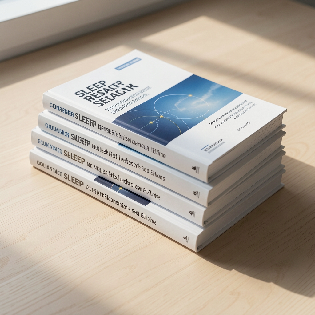 Stack of sleep research journals and printed studies on a pale wooden surface, morning light casting soft shadows
