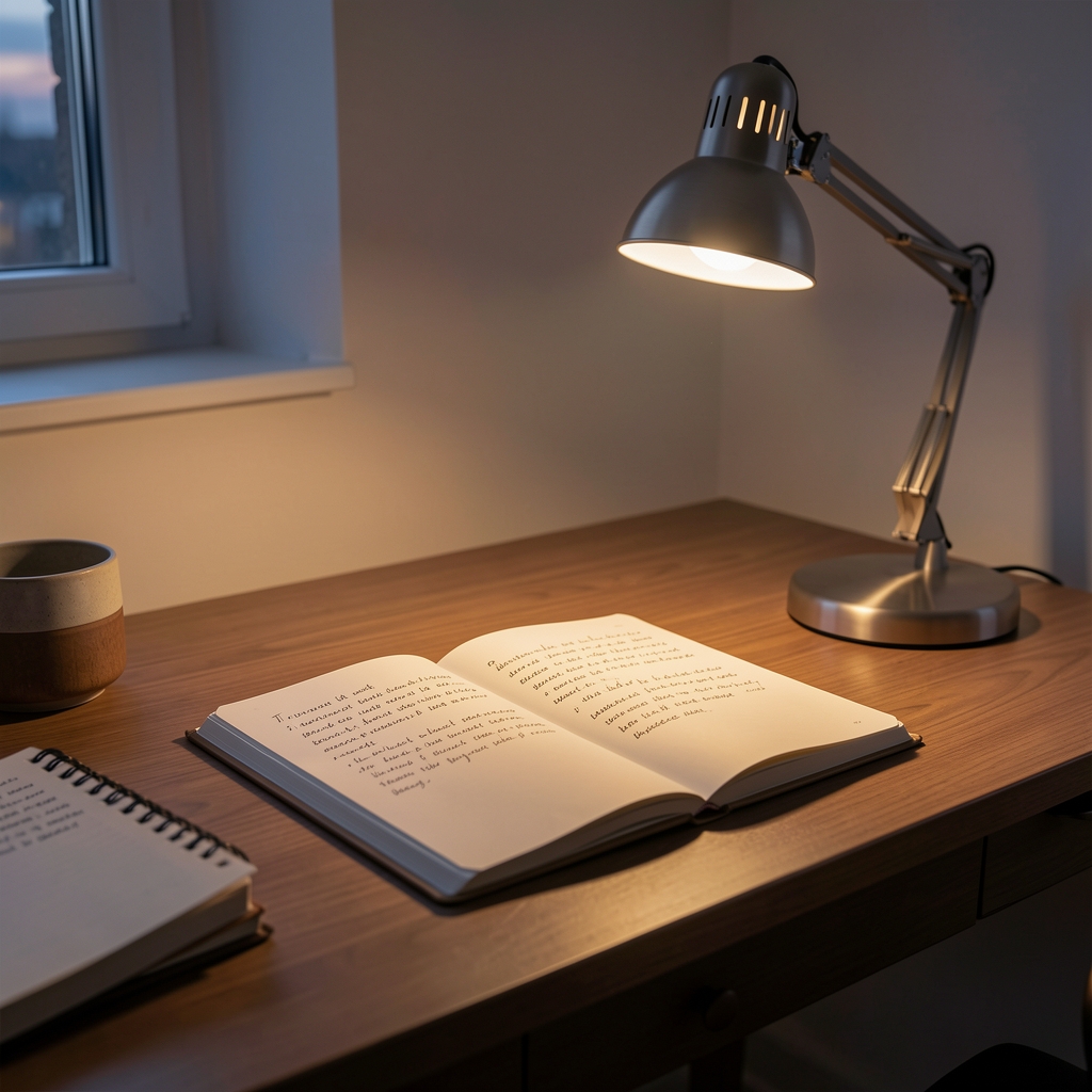 Quiet writing desk at dusk, a single reading lamp illuminating an open notebook with handwritten observations
