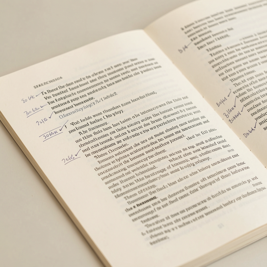 Close-up of printed article pages with annotations and pencil marks in the margins, on a light cream paper