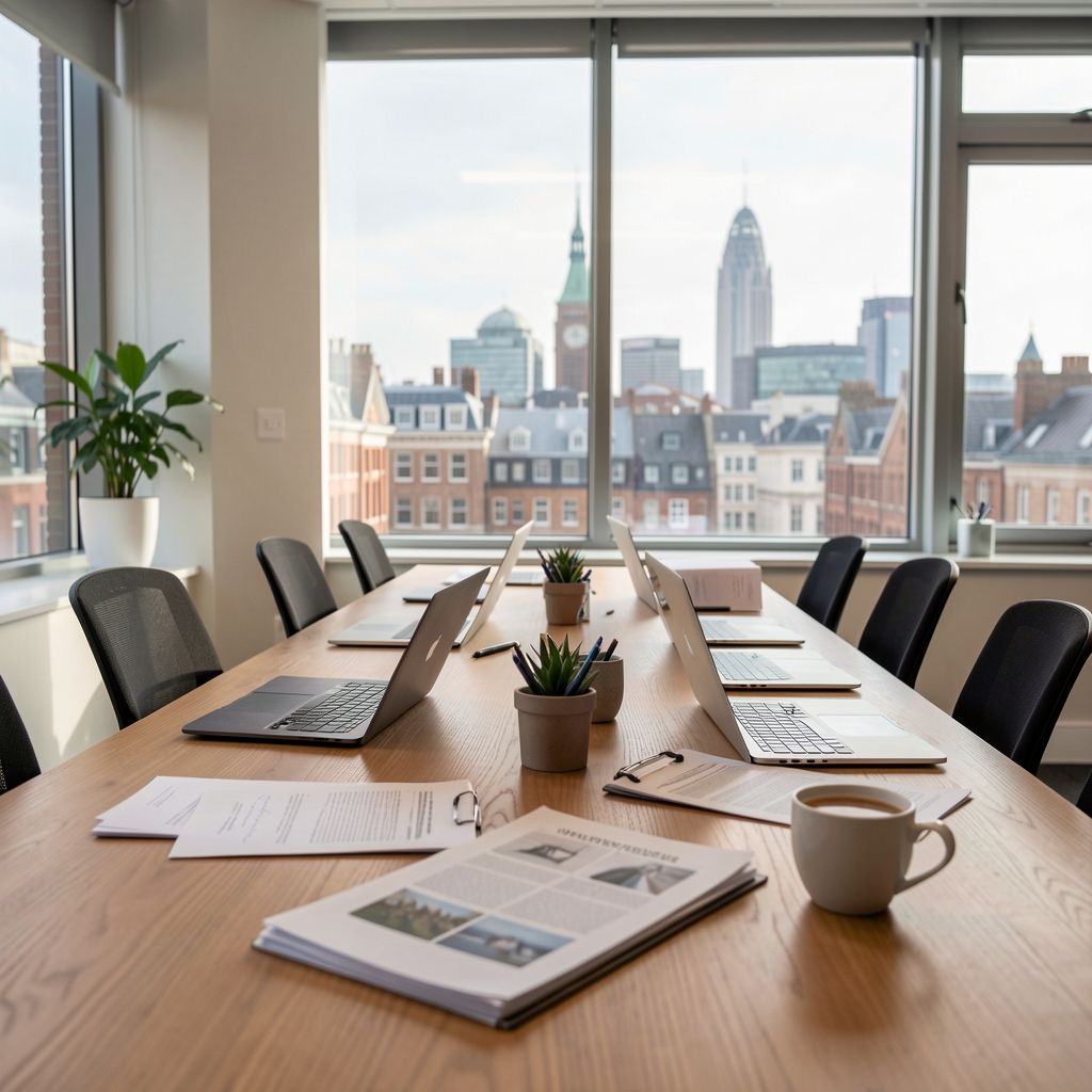 Interior of a calm editorial office, long wooden table with laptops, printed papers and morning coffee, London skyline faintly visible