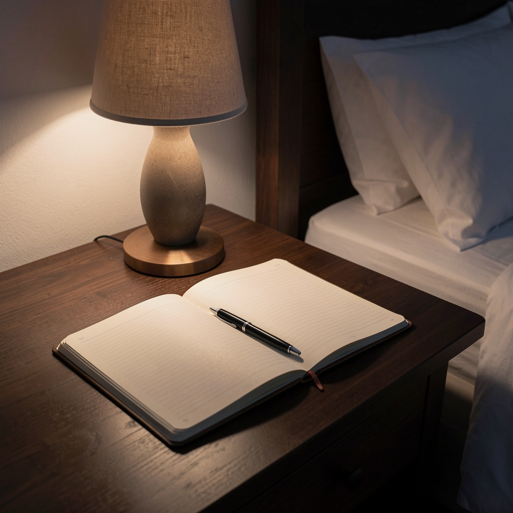 Open notebook and pen on a dark wooden desk beside a dimmed bedside lamp, indicating a nighttime journalling practice