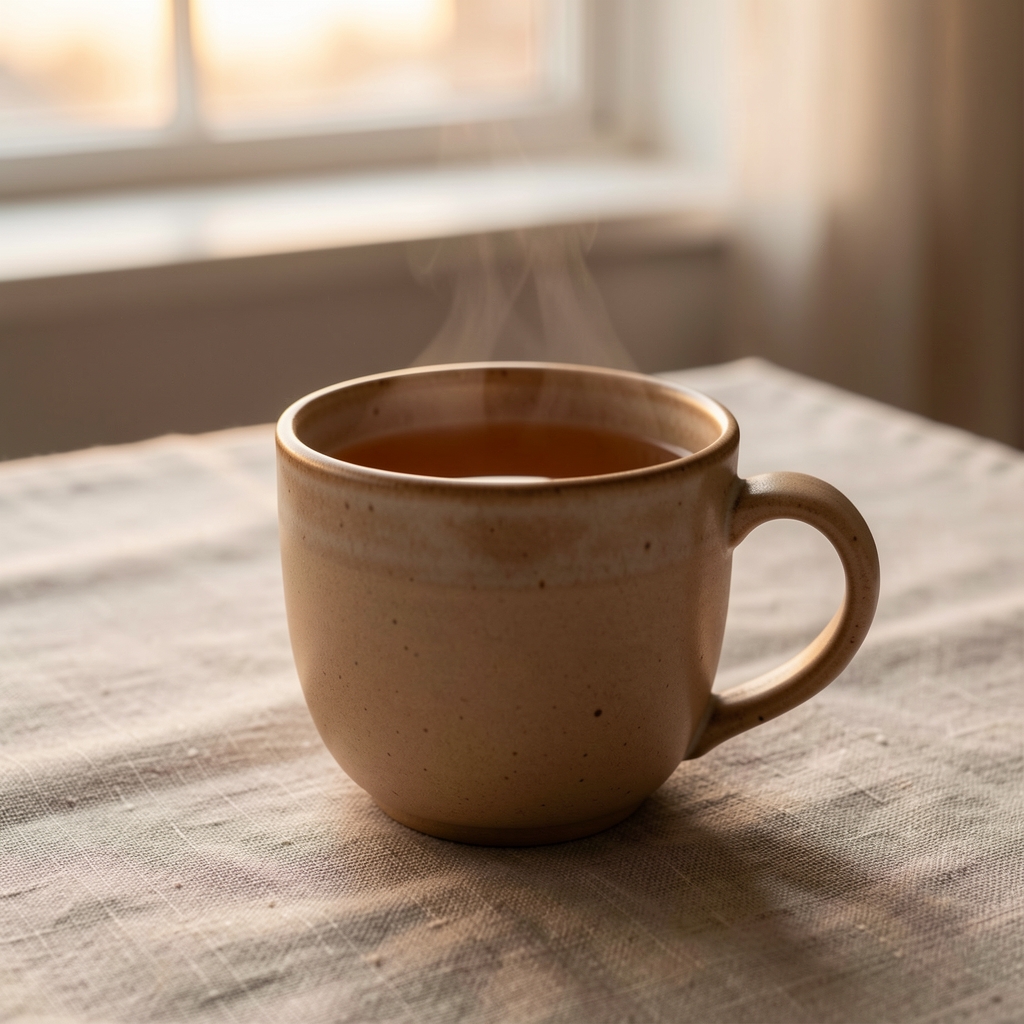 Warm amber tea in a ceramic mug on a linen tablecloth, soft evening window light fading in the background