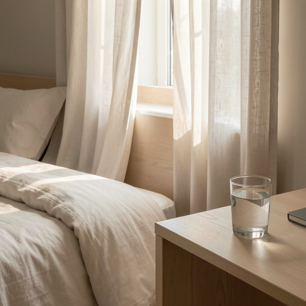 Early morning light entering through a gap in curtains onto a tidy bed, bedside glass of water on a pale wooden surface
