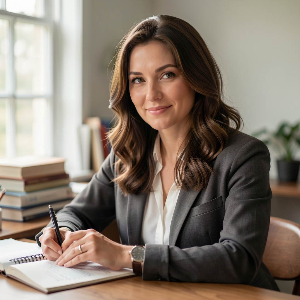 Editorial portrait of a woman at a writing desk, soft natural light from a window on the left, books and papers in background