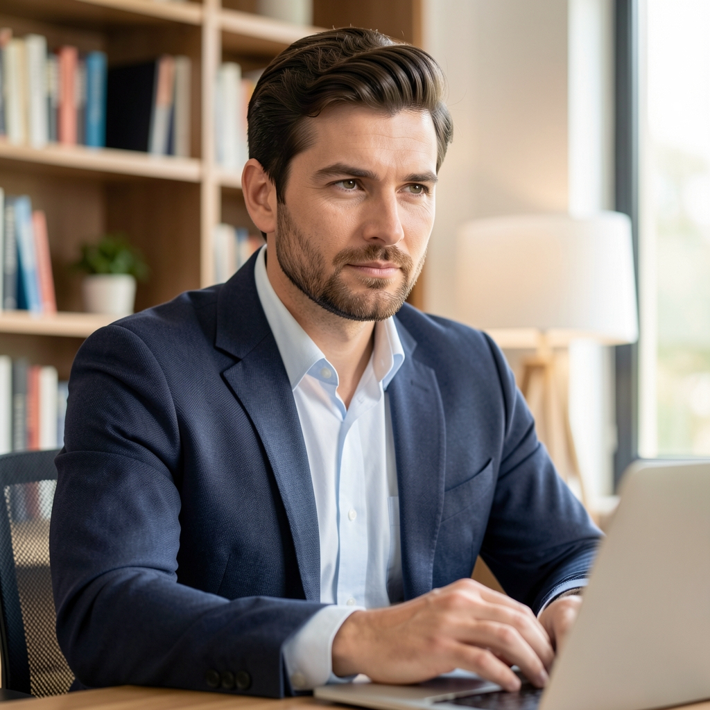 Editorial portrait of a man at a desk in a well-lit study, books and a lamp visible behind him, thoughtful expression