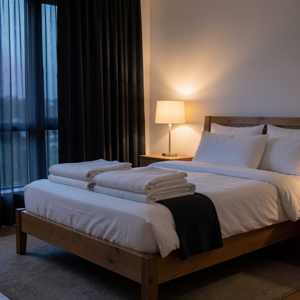 Quiet bedroom at dusk with soft lamp light, neatly folded linen on a wooden bed frame, blackout curtains partially drawn