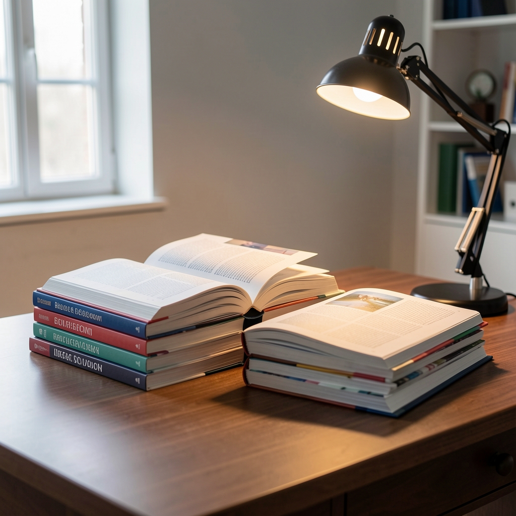 Stack of open research publications and academic journals on a desk with a reading lamp, controlled workspace lighting